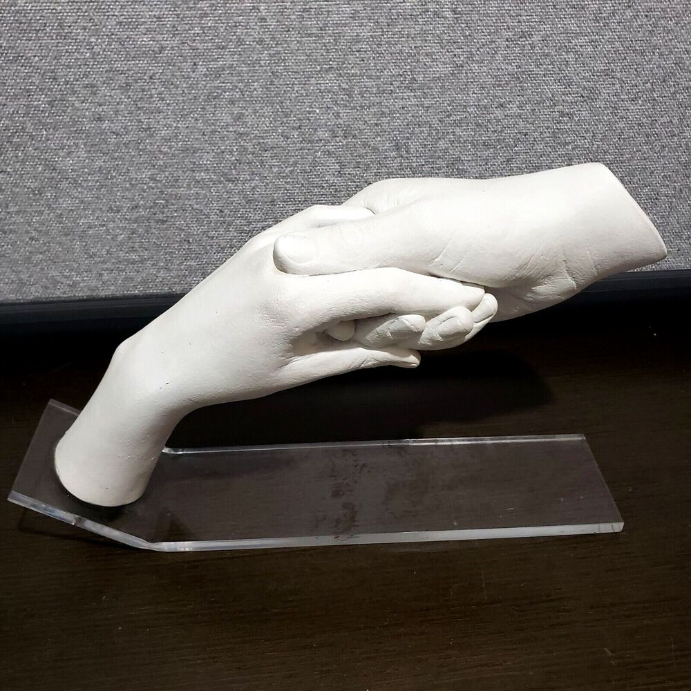 Vtg Austin Producation  1984 White Plaster Lucite Stand Art Sculpture Two Hands